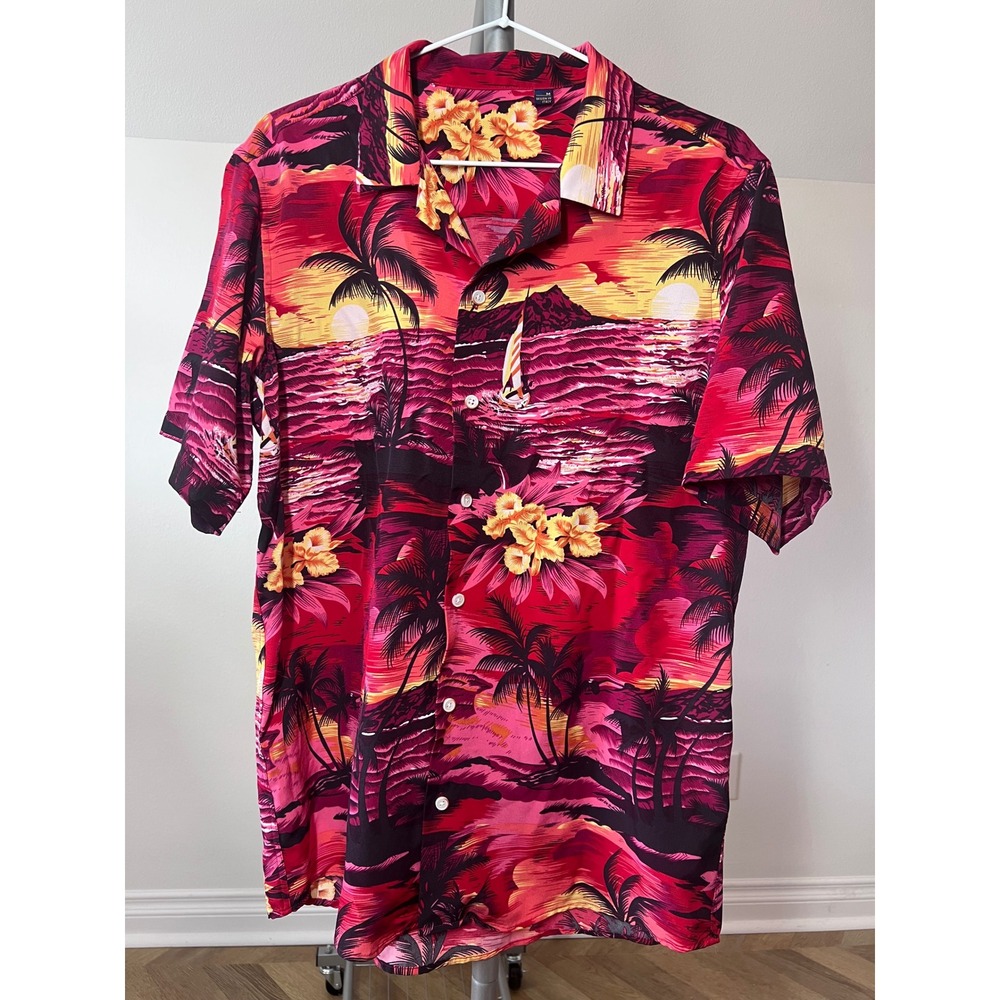 Mens Designs in Italy Tropical Sunset Hawaiian Shirt Palm Tree Sailboat Medium